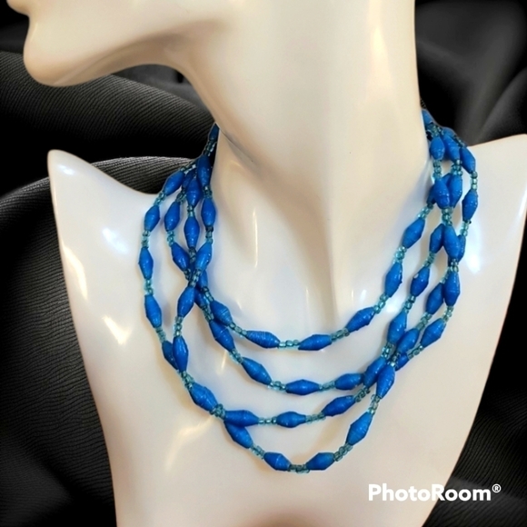 Hand Crafted Jewelry - african recycled paper glass beaded long festival Necklace